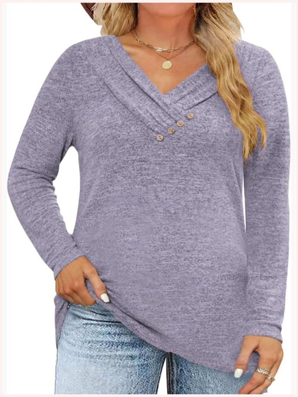 V-Neck Button Detail Long Sleeve Tunic Blouse - Plus Size Loose Fit